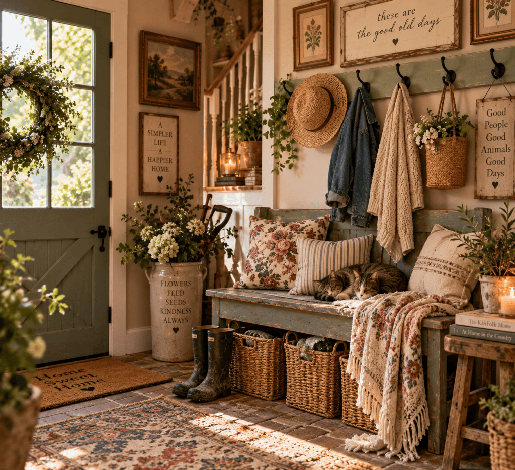 Cozy cottage entryway with vintage bench, woven baskets, country boots and sleeping cats