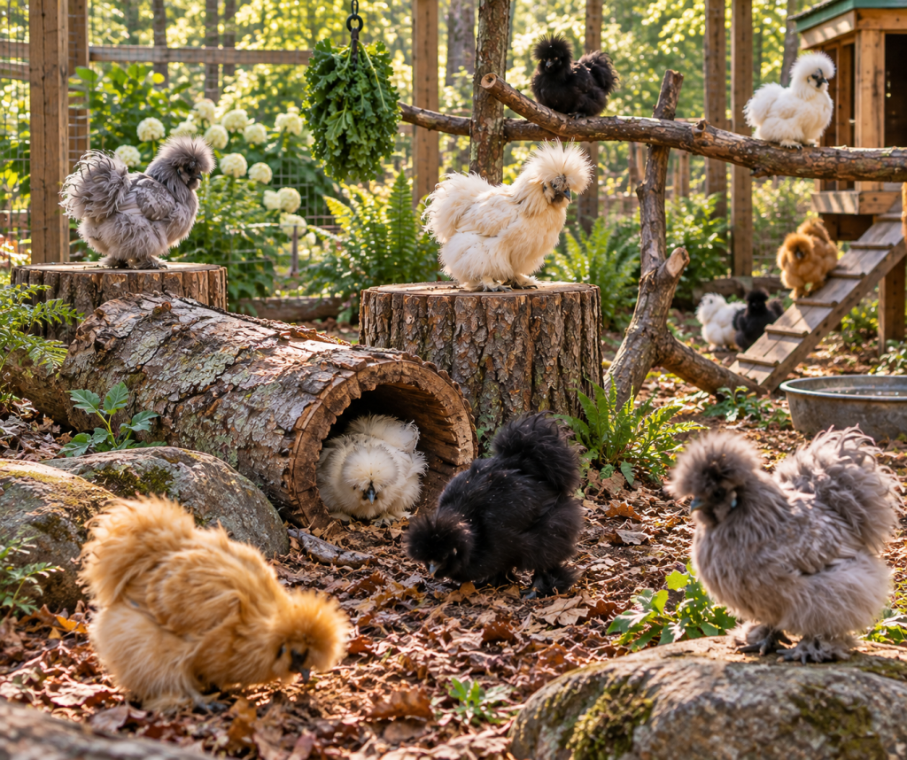 Show-quality Silkie chickens exploring logs, tree stumps and natural perches in an enriched chicken run