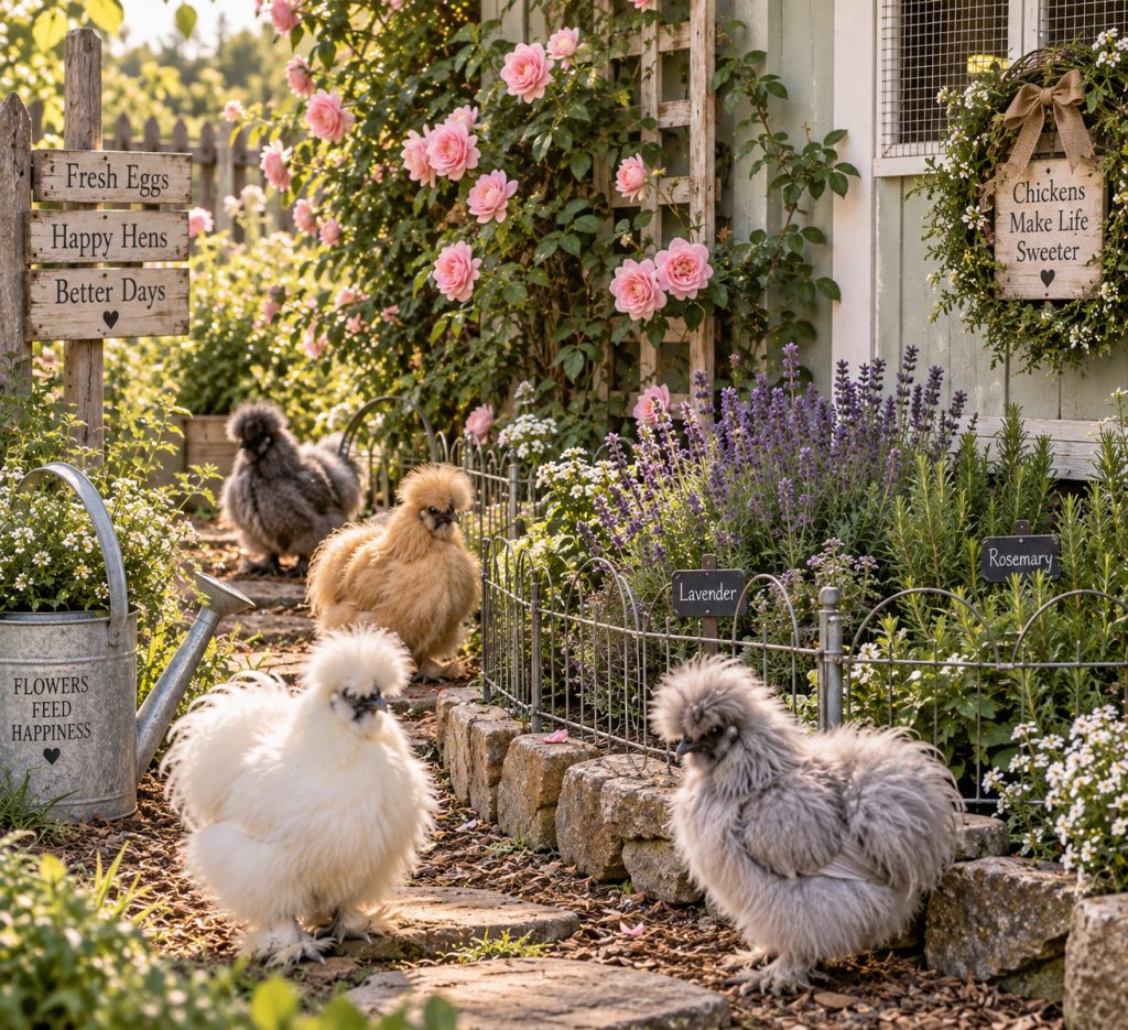 Show-quality Silkie chickens beside a cottage coop with climbing roses, lavender and protected garden plants