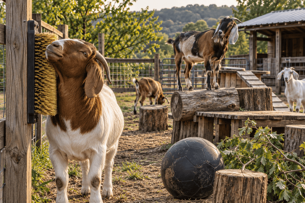Boer goat using a scratching brush while goats explore logs and climbing platforms in a farm pen
