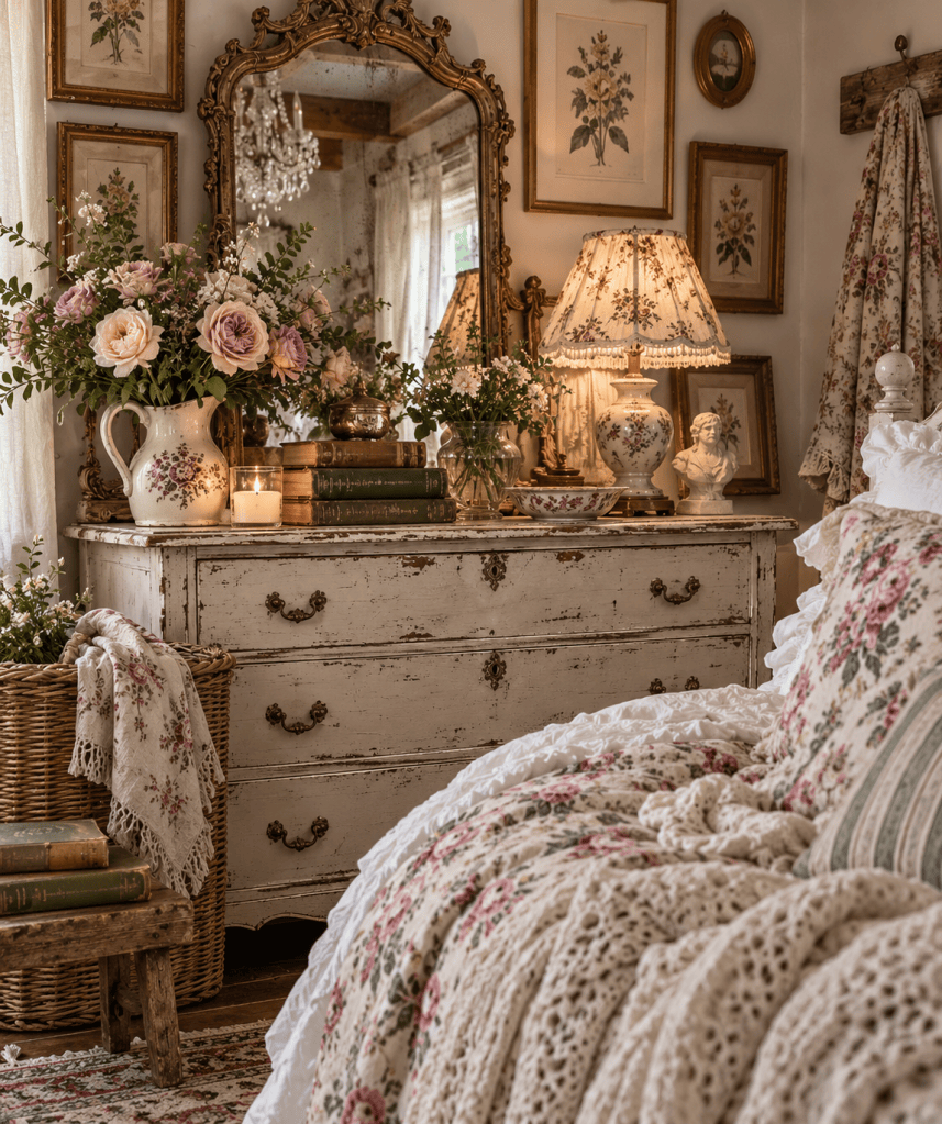 Vintage cottage dresser with floral lamp, antique mirror, old books and layered floral bedding
