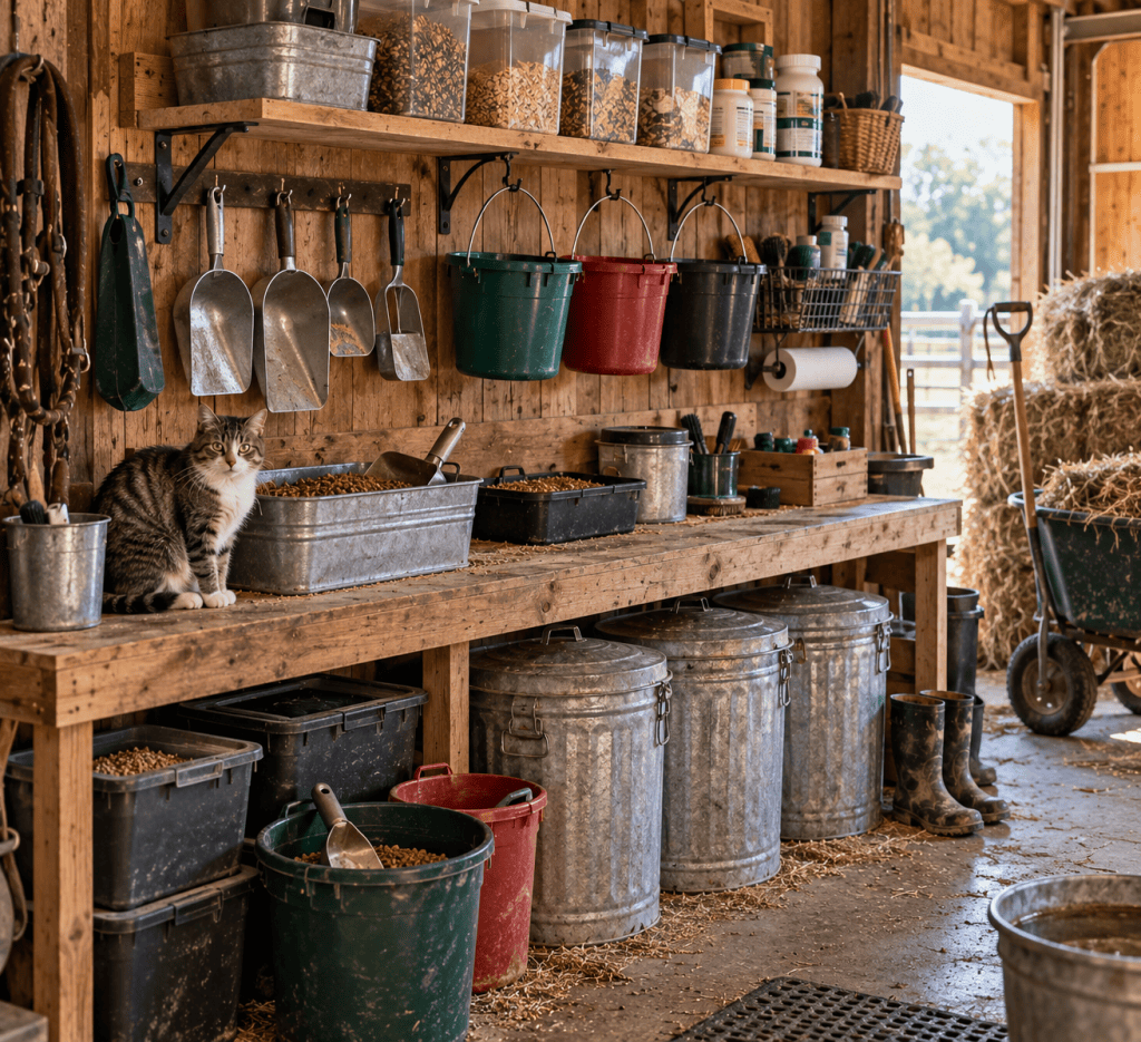 Organized rustic farm feed room with feed bins, scoops, buckets and a barn cat
