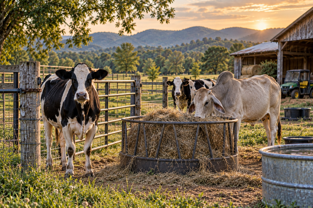 Holstein and Brahman cattle near a hay feeder, pasture fence and farm gate
