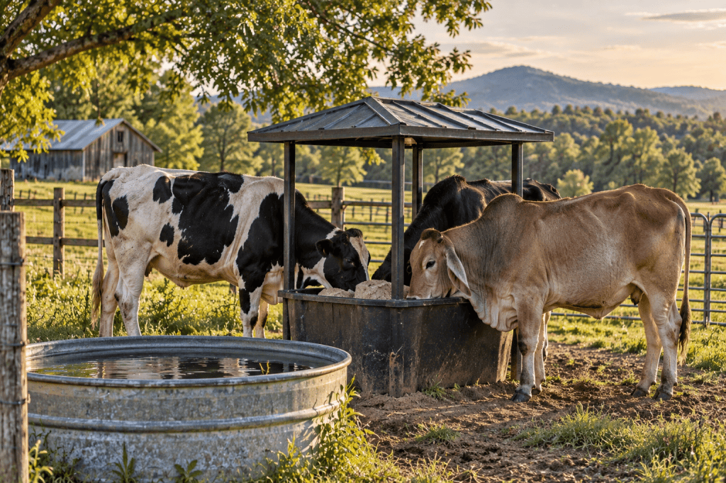 Holstein and Brahman cattle at a covered mineral feeder beside a water trough on a small farm
