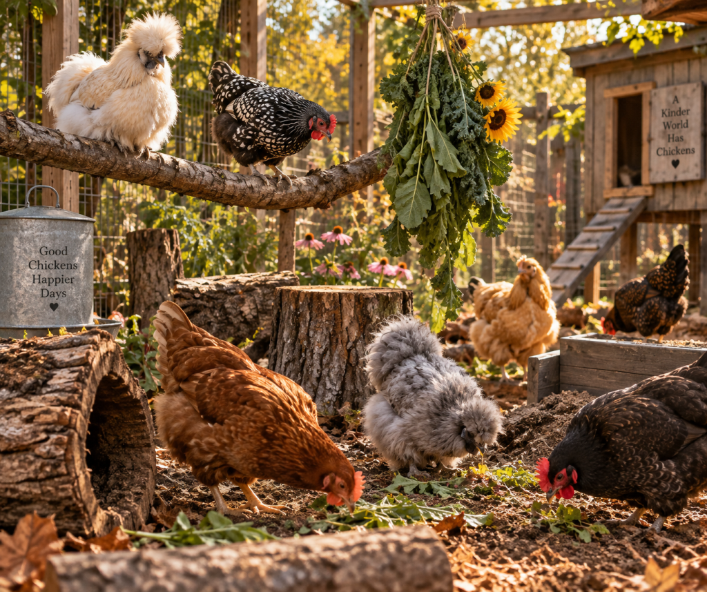 Chickens exploring logs, perches and hanging greens in rustic chicken run.