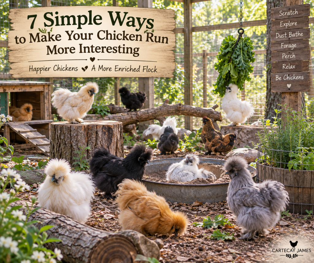 Enriched chicken run with show-quality Silkie chickens, logs, perches, dust bath and hanging greens