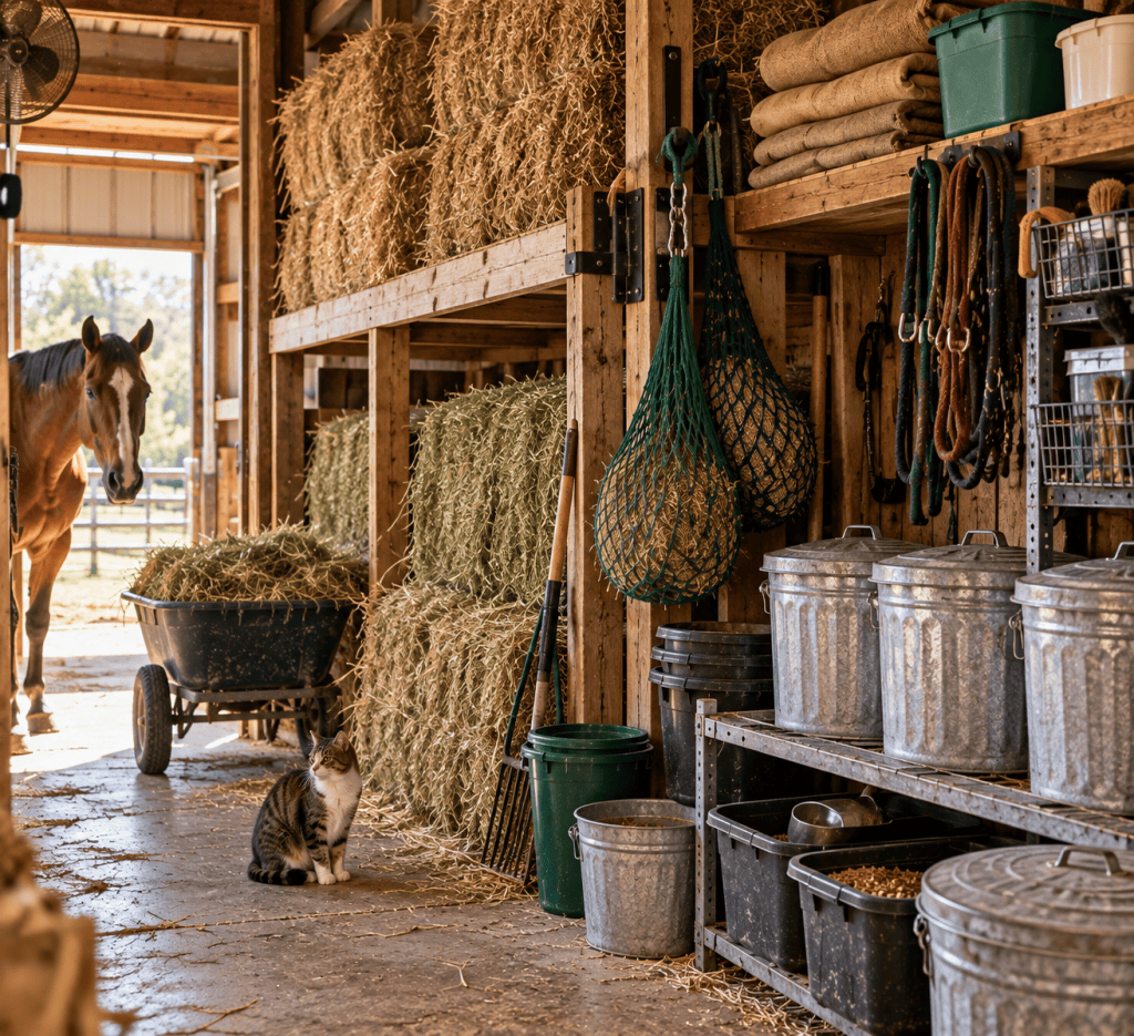 Organized hay and forage storage area with feed bins, hay nets and a horse in a rustic barn
