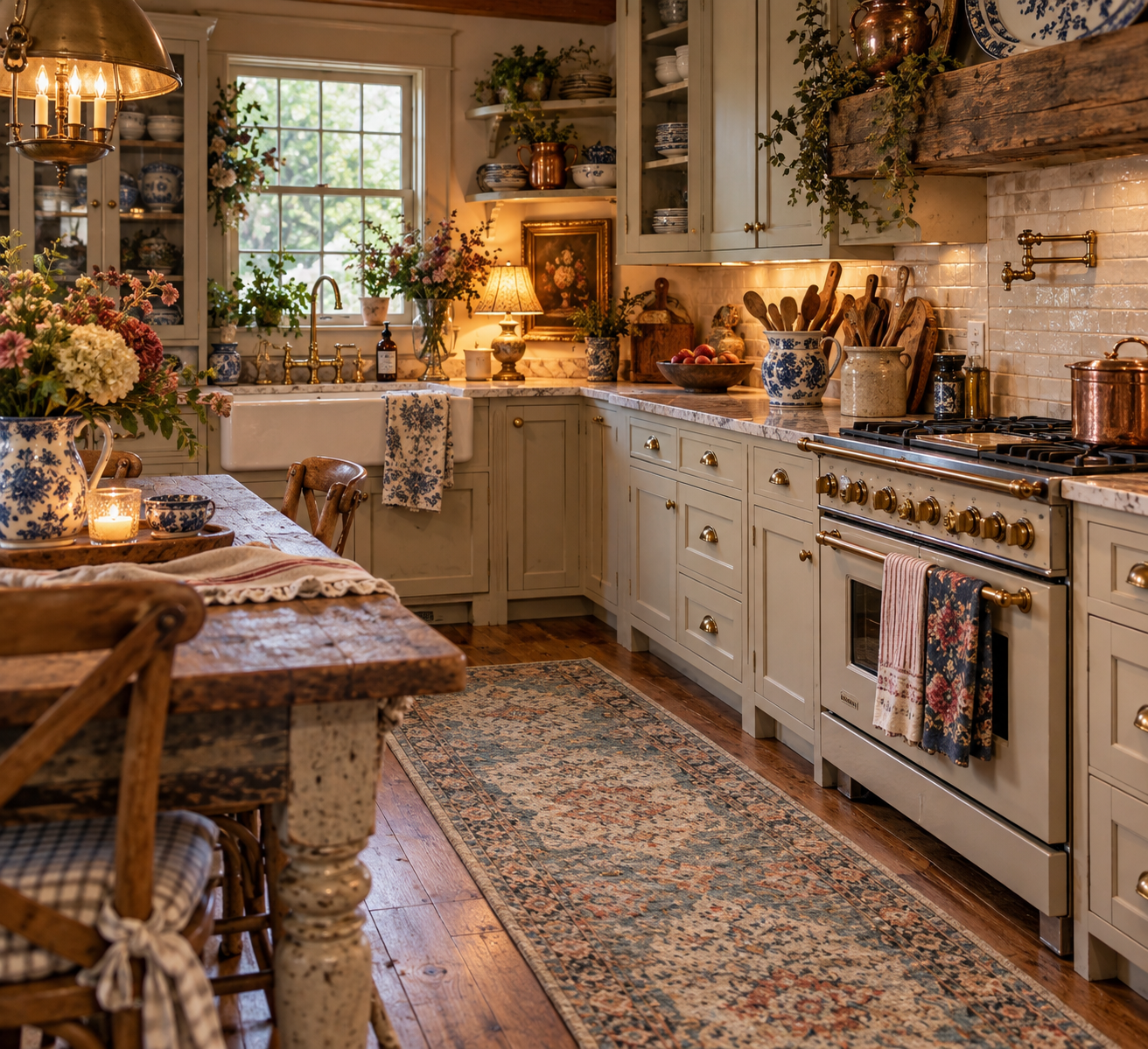Warm collected cottage kitchen with cream cabinets, aged wood, vintage blue-and-white pottery, brass accents, a small counter lamp, wooden utensils and a faded vintage runner rug.