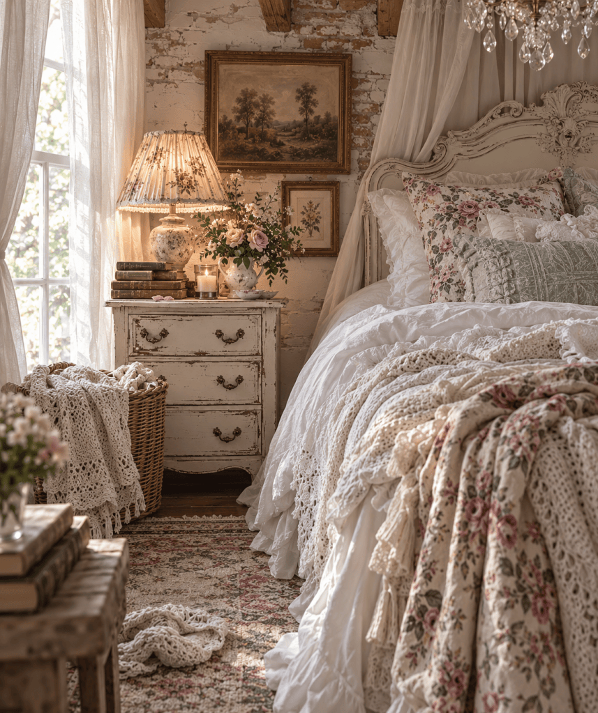 Vintage cottage dresser with floral lamp, antique mirror, old books and layered floral bedding
