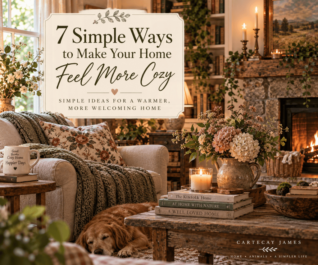 Cozy cottage living room with layered blankets, books, flowers, warm lighting and a sleeping dog