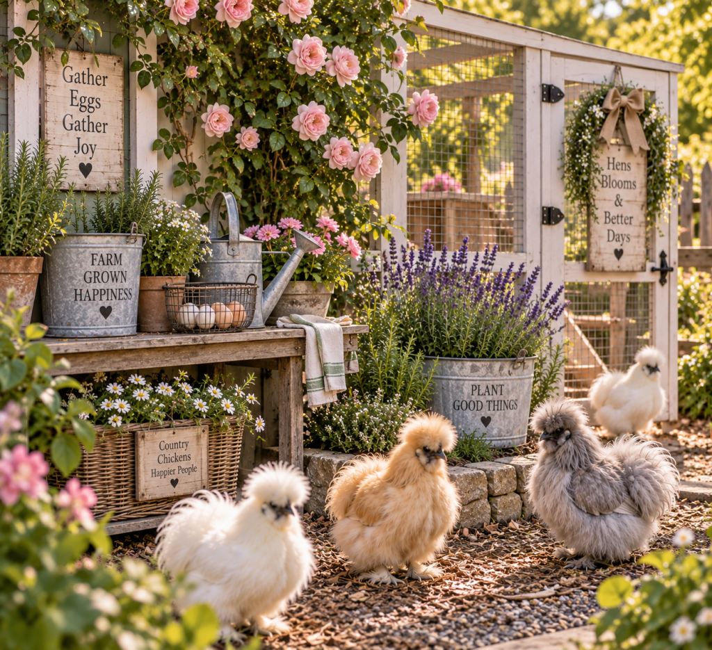 Silkie chickens beside a rustic cottage garden potting area with roses, lavender and galvanized containers
