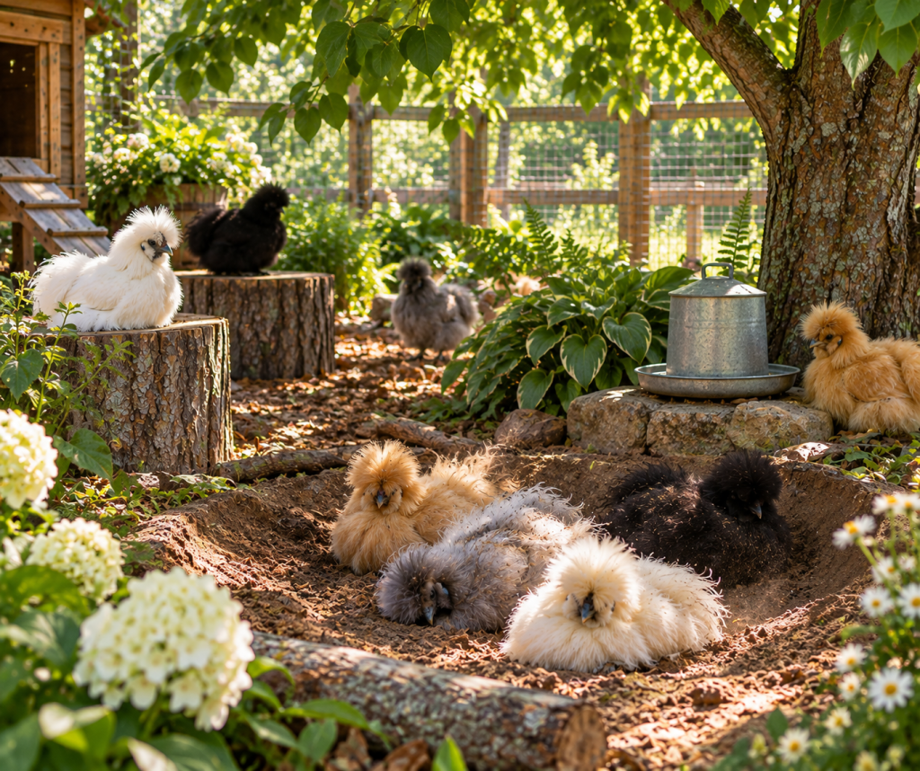 Silkie chickens dust bathing and resting in a shaded, enriched chicken run