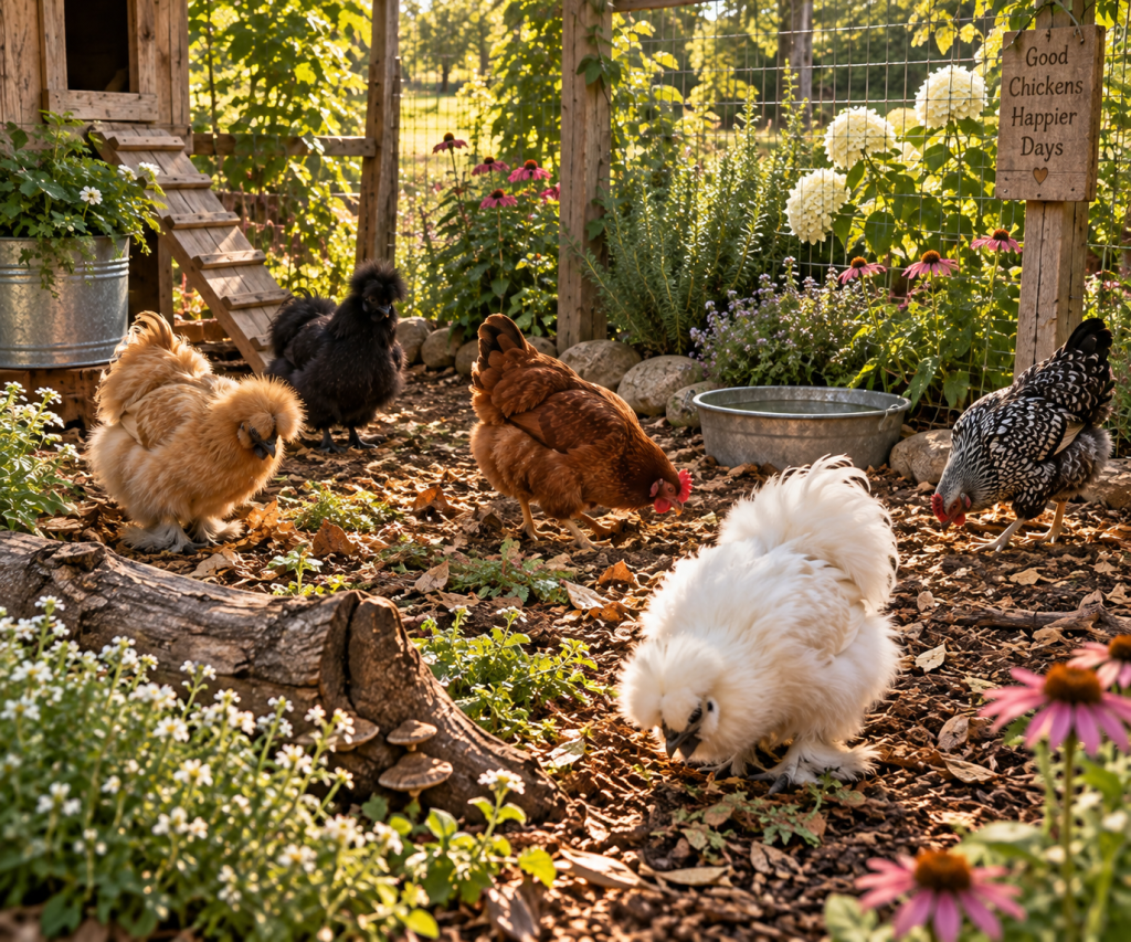 Hens foraging through leaves in a rustic chicken run
