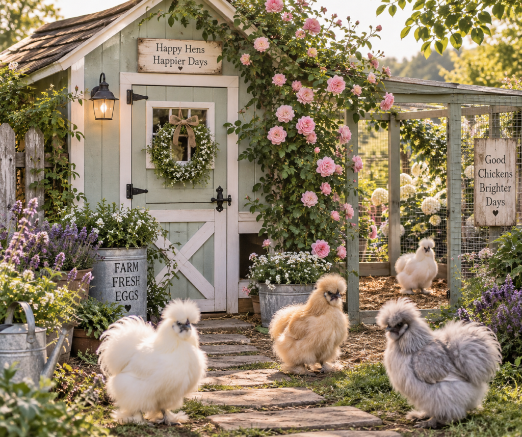 Cottage-style chicken coop with climbing roses and fluffy Silkie chickens in a country garden