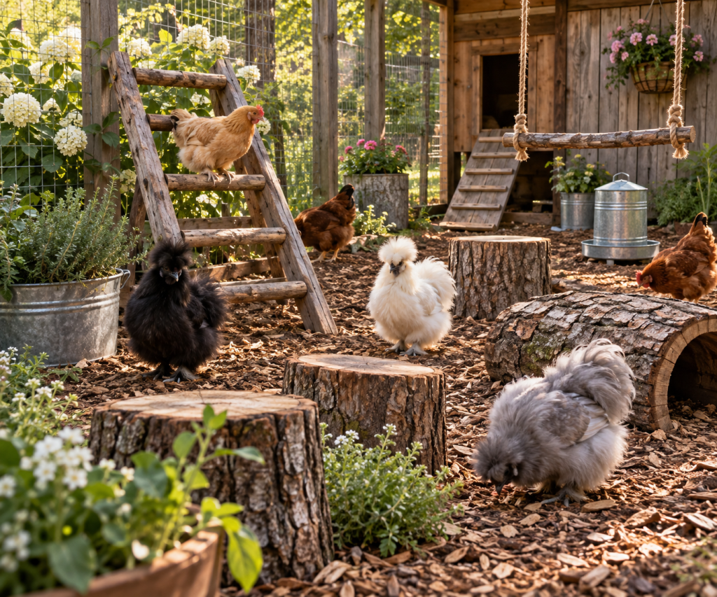 Silkies exploring logs, stumps and a wooden ladder perch in a rustic chicken run.