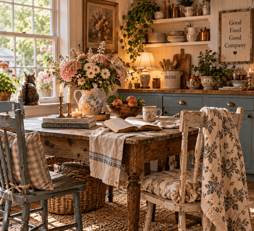 Cozy cottage kitchen with farmhouse table, vintage chairs, garden flowers, books and a cat by the window