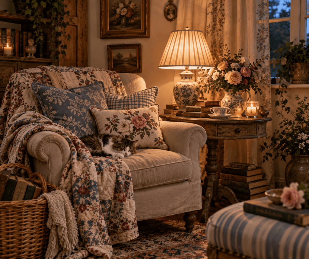 Cozy cottage reading corner with floral quilt, vintage armchair, pleated lamp and sleeping cat
