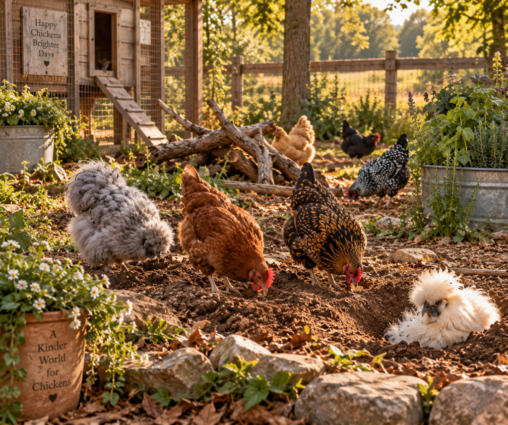 Chickens and Silkies scratching and foraging in a natural chicken run.