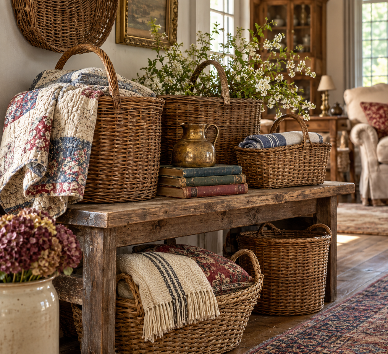 Vintage woven baskets filled with quilts and folded linens arranged on a weathered wood table in a warm country home with old books, antique brass accents and collected cottage decor.
