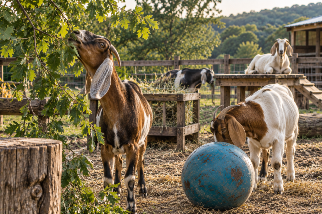 Nubian and Boer goats browsing leafy branches and exploring a livestock ball in a farm pen
