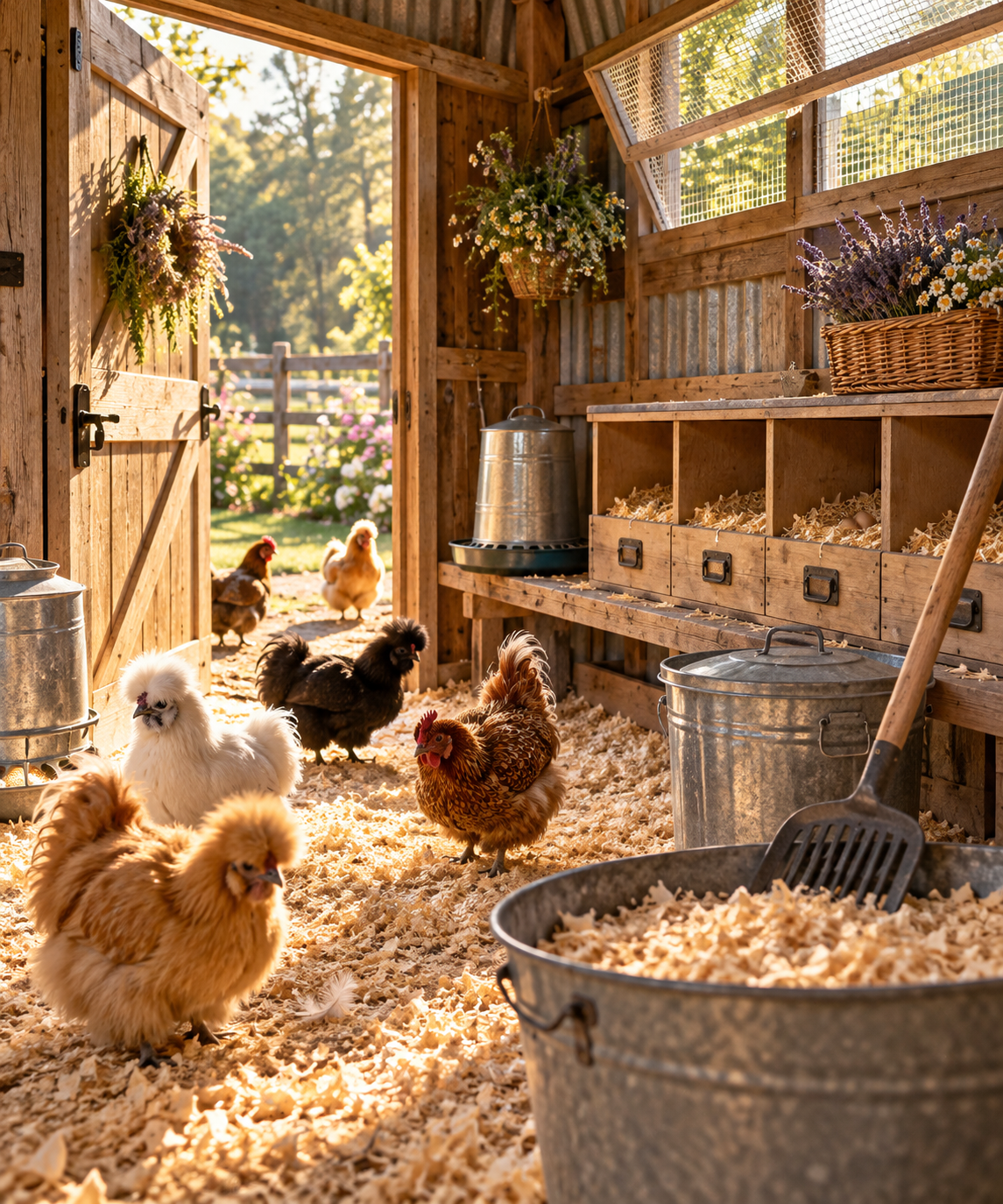 Warm, realistic chicken coop with fresh pine shavings, open windows for ventilation, clean nesting boxes, galvanized chicken supplies, cleaning tools, and a mixed flock of hens and fluffy Silkies inside a freshly cleaned rustic coop.