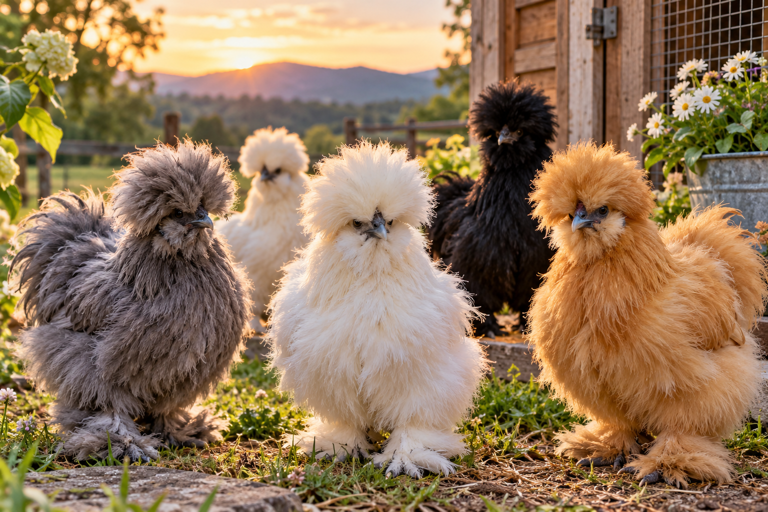 Realistic fluffy Silkie chickens in white, buff, black and gray gathered beside a rustic wooden chicken coop at sunset, showing their rounded crests and feathered feet.