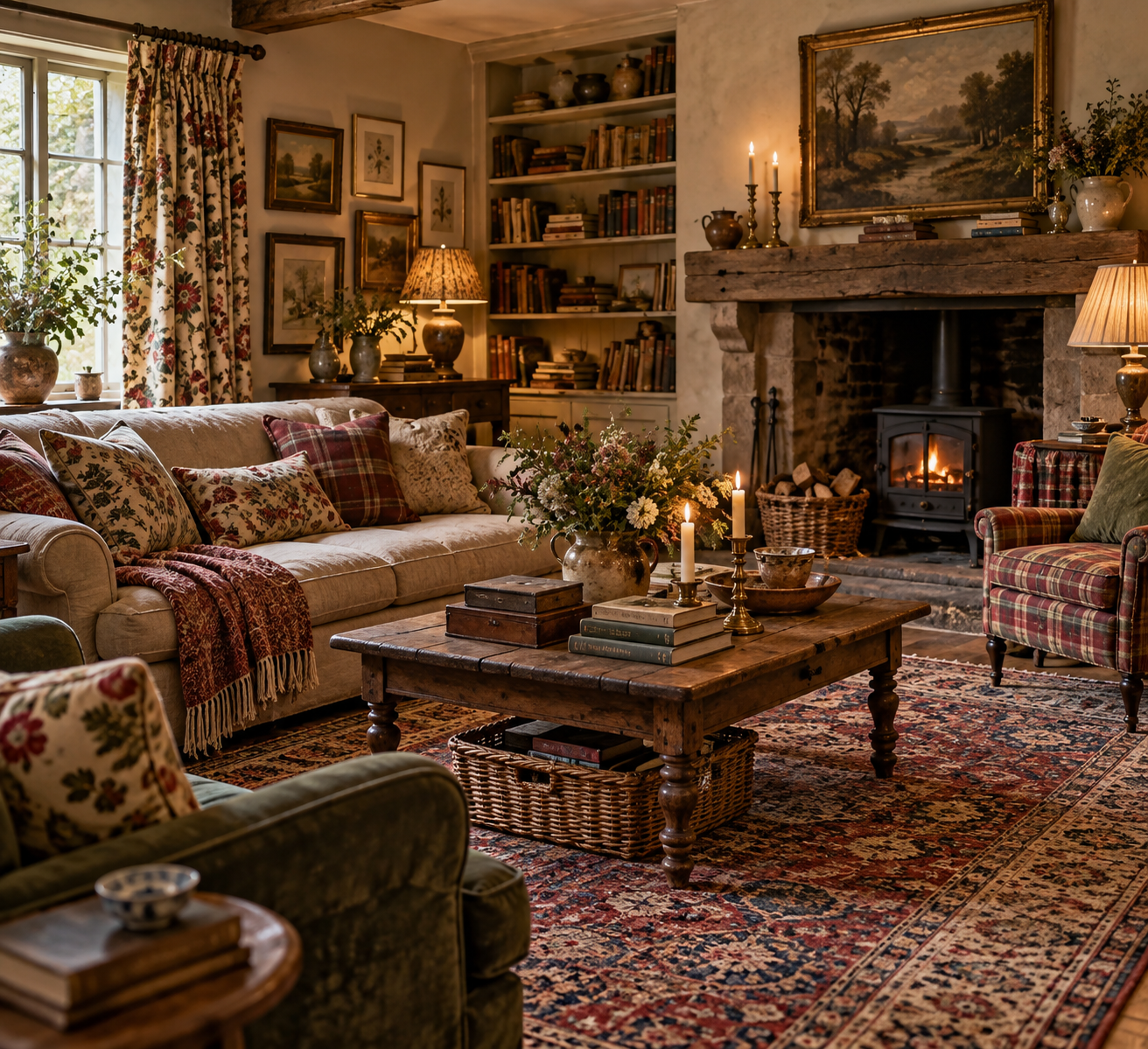 Cozy old English cottage living room with a stone fireplace, floral curtains, vintage rug, mismatched furniture, old books, woven baskets, antique artwork and warm lamplight.