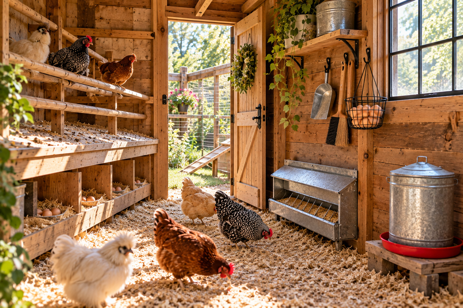 Realistic rustic chicken coop interior with low easy-to-reach feeder, raised waterer, accessible nesting boxes, roosting bars, organized chicken supplies, fresh bedding, and hens inside a practical backyard coop.