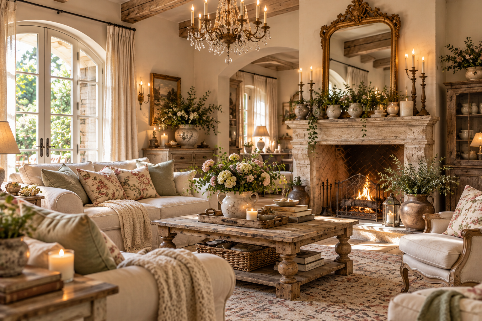 French country cottage interiors featuring a romantic bedroom with layered ivory linens, rustic farmhouse kitchen, antique wooden furniture, floral arrangements, and cozy living room decor.
