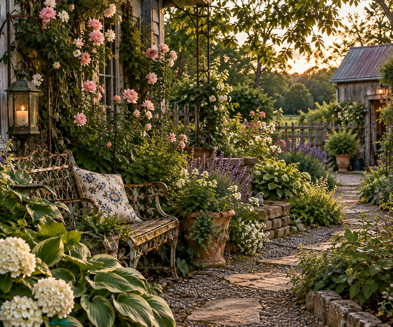 Realistic old-fashioned country garden with climbing roses, hydrangeas, lavender, a weathered iron bench, stone garden path, vintage lantern, and rustic outbuilding in warm evening light.